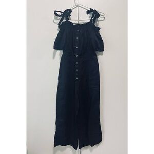 7 For All Mankind SMOCKED OFF-SHOULDER Linen JUMPSUIT IN JET BLACK - XS - NWT